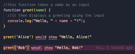 screenshot showing a greet function coded in JavaScript